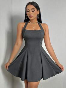 VaVaBold Women's Summer Minimalist Sexy Casual Solid Color Backless Halter Neck Short Dress Night Out Club Gray - Dark Grey - View 5