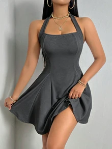 VaVaBold Women's Summer Minimalist Sexy Casual Solid Color Backless Halter Neck Short Dress Night Out Club Gray - Dark Grey - View 2