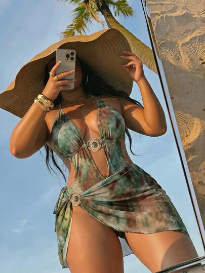 SHEIN Swim 2026 New Plus Size Women's Summer Fashionable One-Piece Swimsuit With Skirt, Sexy Halter Backless Hollow Vintage Floral Print Beach Party Swimwear 2-Piece Set