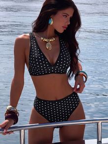Costavie Women's Summer Beach Polka Dot Criss-Cross Back Bikini And Triangle Bottom Two-Piece Swimwear Set - Black and White - View 3