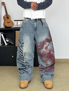 STEELVANCE Celana Jeans Denim Kasual Pria Gaya Retro Streetwear Serbaguna dengan Desain Cetak Lusuh dan Pudar, Potongan Longgar, Lurus, dan Lebar (Sabuk dan Aksesoris Tidak Termasuk) - Light Wash - View 3