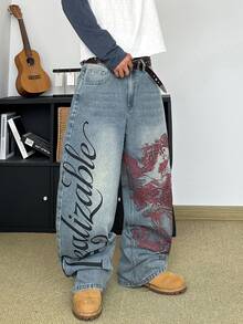 STEELVANCE Celana Jeans Denim Kasual Pria Gaya Retro Streetwear Serbaguna dengan Desain Cetak Lusuh dan Pudar, Potongan Longgar, Lurus, dan Lebar (Sabuk dan Aksesoris Tidak Termasuk) - Light Wash - View 4