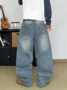 STEELVANCE Celana Jeans Denim Kasual Pria Gaya Retro Streetwear Serbaguna dengan Desain Cetak Lusuh dan Pudar, Potongan Longgar, Lurus, dan Lebar (Sabuk dan Aksesoris Tidak Termasuk) - Light Wash - View 2