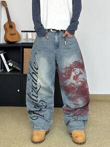 STEELVANCE Celana Jeans Denim Kasual Pria Gaya Retro Streetwear Serbaguna dengan Desain Cetak Lusuh dan Pudar, Potongan Longgar, Lurus, dan Lebar (Sabuk dan Aksesoris Tidak Termasuk) - Light Wash - View 1