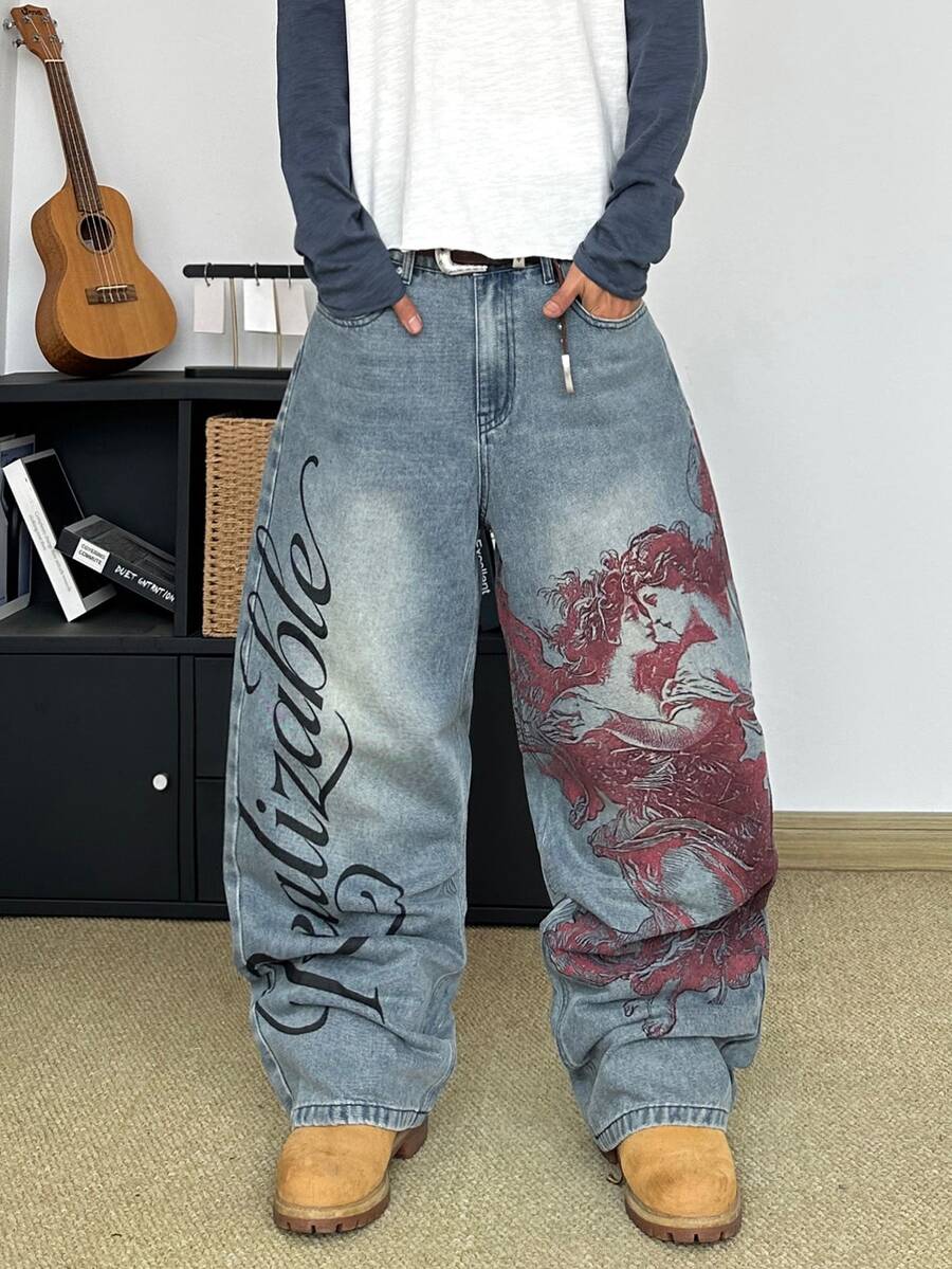 STEELVANCE Celana Jeans Denim Kasual Pria Gaya Retro Streetwear Serbaguna dengan Desain Cetak Lusuh dan Pudar, Potongan Longgar, Lurus, dan Lebar (Sabuk dan Aksesoris Tidak Termasuk) - Light Wash - View 1
