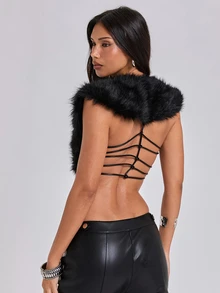 ROMWE Y2K Sexy Hot Girl Back Tie Decor Open Back Faux Fur Cropped Fuzzy Vest - Black - View 5