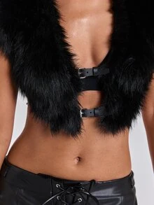 ROMWE Y2K Sexy Hot Girl Back Tie Decor Open Back Faux Fur Cropped Fuzzy Vest - Black - View 9