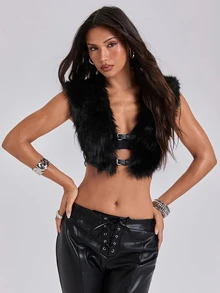 ROMWE Y2K Sexy Hot Girl Back Tie Decor Open Back Faux Fur Cropped Fuzzy Vest - Black - View 3
