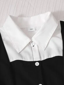 SHEIN 女童白色襯衫領撞色黑色學院風可愛80年代風泡泡長袖上衣，附鬆緊腰褶皺裙，秋季學生穿搭 - 黑色 - 查看 4