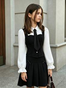 SHEIN 女童白色襯衫領撞色黑色學院風可愛80年代風泡泡長袖上衣，附鬆緊腰褶皺裙，秋季學生穿搭 - 黑色 - 查看 8