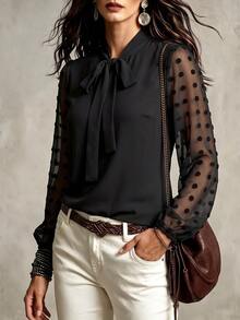 EMERY ROSE Plus Swiss Dot Tie Neck Blouse Fall Cloth For Women - Black - View 5