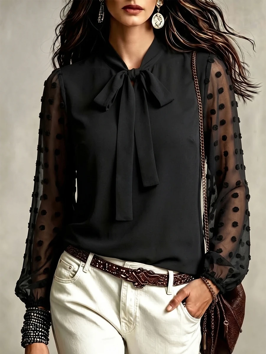 EMERY ROSE Plus Swiss Dot Tie Neck Blouse Fall Cloth For Women - Black - View 1
