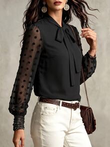 EMERY ROSE Plus Swiss Dot Tie Neck Blouse Fall Cloth For Women - Black - View 4