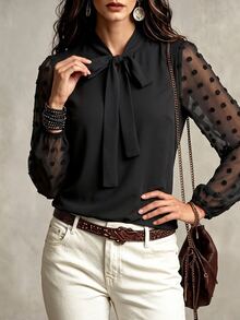 EMERY ROSE Plus Swiss Dot Tie Neck Blouse Fall Cloth For Women - Black - View 3