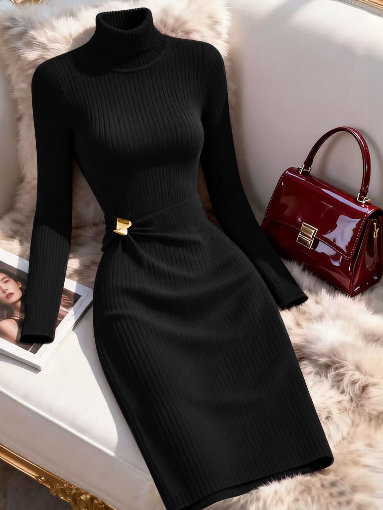 Franclia Elegant Turtleneck Long Sleeve Knit Dress, Autumn/Winter - Black - View 1