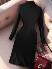 Franclia Elegant Turtleneck Long Sleeve Knit Dress, Autumn/Winter - Black - View 2
