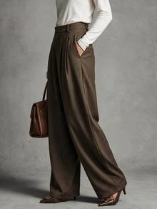 Trelyra Casual Comfortable Commuter Pleated Design Premium Fitted Regular Long Pants For Women - Coffee Brown - View 4