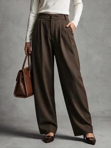 Trelyra Casual Comfortable Commuter Pleated Design Premium Fitted Regular Long Pants For Women - Coffee Brown - View 3