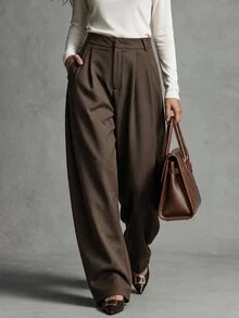 Trelyra Casual Comfortable Commuter Pleated Design Premium Fitted Regular Long Pants For Women - Coffee Brown - View 1