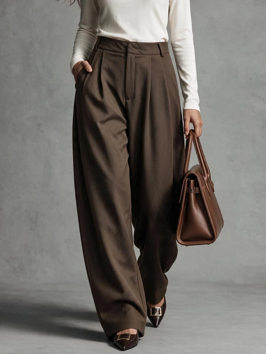 Trelyra Casual Comfortable Commuter Pleated Design Premium Fitted Regular Long Pants For Women - Coffee Brown - View 1