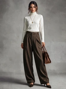 Trelyra Casual Comfortable Commuter Pleated Design Premium Fitted Regular Long Pants For Women - Coffee Brown - View 5