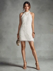 Trelyra Tassel Knit Mini Dress, Halter Neck Backless Design, Sexy And Fashionable - Apricot - View 4