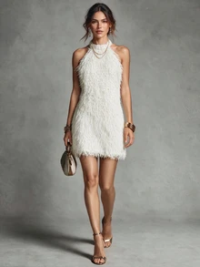 Trelyra Tassel Knit Mini Dress, Halter Neck Backless Design, Sexy And Fashionable - Apricot - View 1