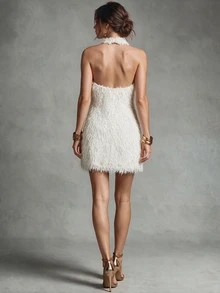 Trelyra Tassel Knit Mini Dress, Halter Neck Backless Design, Sexy And Fashionable - Apricot - View 2