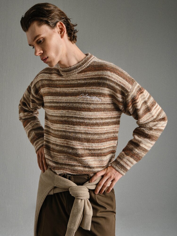 Calmiston Men's Striped Letter Pattern Casual Daily Long Sleeve Sweater Poleron Swag Pull - Brown - View 10