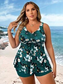 SHEIN Swim Curve 大尺碼女款夏季海灘熱帶植物印花抽繩胸部掛脖比基尼洋裝 藍綠色熱帶風 - 彩色 - 查看 4