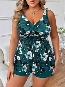 SHEIN Swim Curve 大尺碼女款夏季海灘熱帶植物印花抽繩胸部掛脖比基尼洋裝 藍綠色熱帶風 - 彩色 - 查看 6