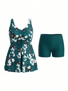 SHEIN Swim Curve 大尺碼女款夏季海灘熱帶植物印花抽繩胸部掛脖比基尼洋裝 藍綠色熱帶風 - 彩色 - 查看 3