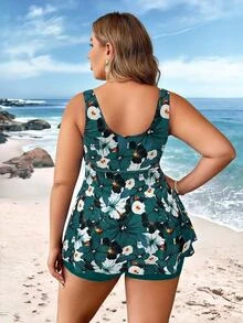 SHEIN Swim Curve 大尺碼女款夏季海灘熱帶植物印花抽繩胸部掛脖比基尼洋裝 藍綠色熱帶風 - 彩色 - 查看 2