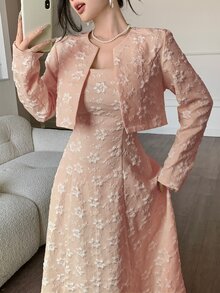 Modelyn Elegant Romantic Outdoor Ladies Jacquard Suit Tea Party Garden White Floral Autumn - Pink - View 5