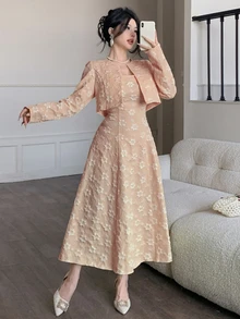 Modelyn Elegant Romantic Outdoor Ladies Jacquard Suit Tea Party Garden White Floral Autumn - Pink - View 6