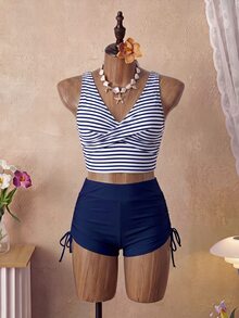Swim Basics Tankini Swimwear With Striped Print Tank Top & Tie Side Swim Trunks, Beach Party Holiday Beachwear Set, For Summer Vacation - Multicolor - View 2