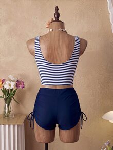 Swim Basics Tankini Swimwear With Striped Print Tank Top & Tie Side Swim Trunks, Beach Party Holiday Beachwear Set, For Summer Vacation - Multicolor - View 3