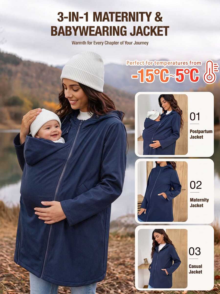 MaterniWear Maternity Solid Color Casual Daily 3-In-1 Jacket Fall - Navy Blue - View 1