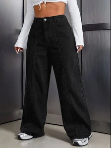 SHEIN Tall CURVE 大尺碼女款休閒日常旅行牛仔褲，附口袋與鈕扣 - 黑色 - 查看 5