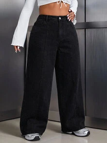 SHEIN Tall CURVE 大尺碼女款休閒日常旅行牛仔褲，附口袋與鈕扣 - 黑色 - 查看 4