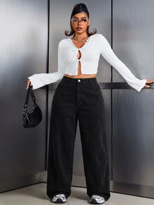 SHEIN Tall CURVE 大尺碼女款休閒日常旅行牛仔褲，附口袋與鈕扣 - 黑色 - 查看 3