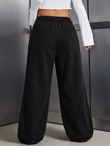 SHEIN Tall CURVE 大尺碼女款休閒日常旅行牛仔褲，附口袋與鈕扣 - 黑色 - 查看 2