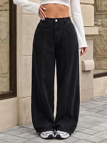 SHEIN Tall CURVE 大尺碼女款休閒日常旅行牛仔褲，附口袋與鈕扣 - 黑色 - 查看 1