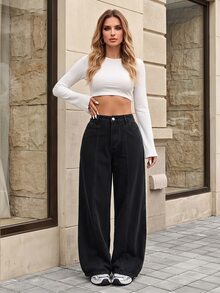 SHEIN Tall CURVE 大尺碼女款休閒日常旅行牛仔褲，附口袋與鈕扣 - 黑色 - 查看 8
