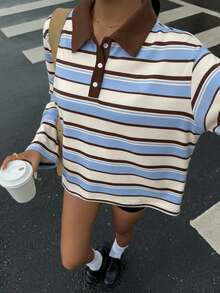 Muchica 95%棉全印花 Polo 領女款 T 恤，棕色與藍色條紋長袖女款 T 恤，休閒極簡運動街頭風百搭派對聚會機場穿搭 Y2K 上衣學院風，女款秋季服飾，秋季穿搭，女款通勤穿搭，百搭上衣，外出穿搭，機場穿搭 - 彩色 - 查看 3