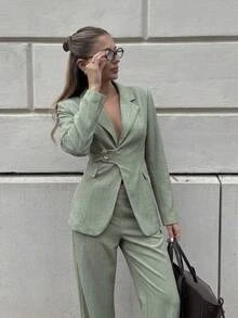 Aloruh Women's Elegant Waist-Cinching Metal Buckle Decor Flared Long Pants Olive Green Suit Set - Olive Green - View 4