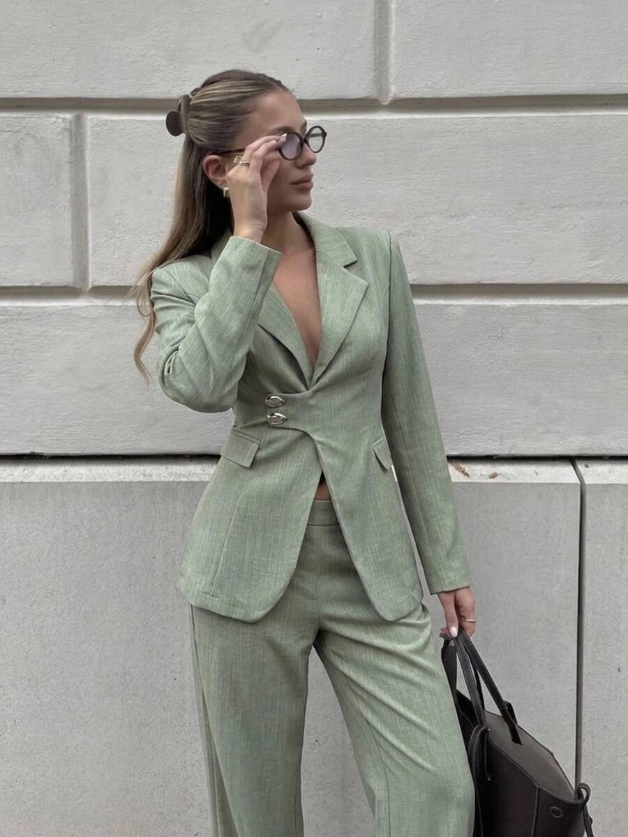 Aloruh Women's Elegant Waist-Cinching Metal Buckle Decor Flared Long Pants Olive Green Suit Set - Olive Green - View 1