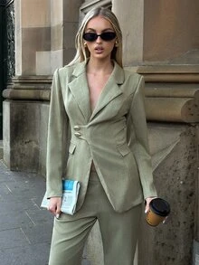 Aloruh Women's Elegant Waist-Cinching Metal Buckle Decor Flared Long Pants Olive Green Suit Set - Olive Green - View 6