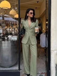 Aloruh Women's Elegant Waist-Cinching Metal Buckle Decor Flared Long Pants Olive Green Suit Set - Olive Green - View 5