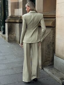 Aloruh Women's Elegant Waist-Cinching Metal Buckle Decor Flared Long Pants Olive Green Suit Set - Olive Green - View 7
